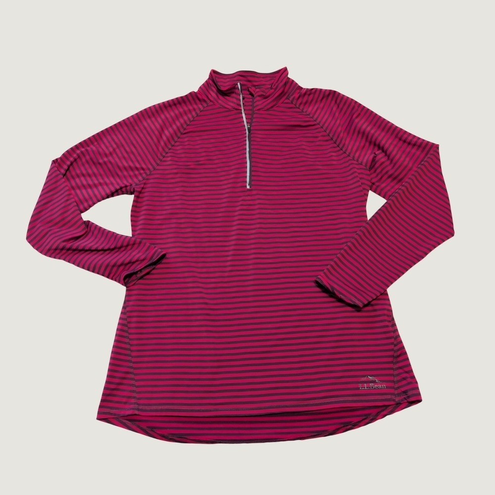 LL Bean 1/4 Zip Pullover Womens Sz L Reg Pink Striped Mock Performance Active